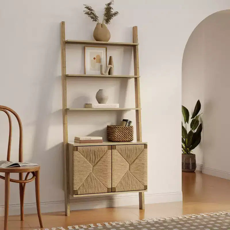 Bibliothèque échelle de 180 cm avec armoire, 4 étagères ouvertes et rangement à 2 portes, marron