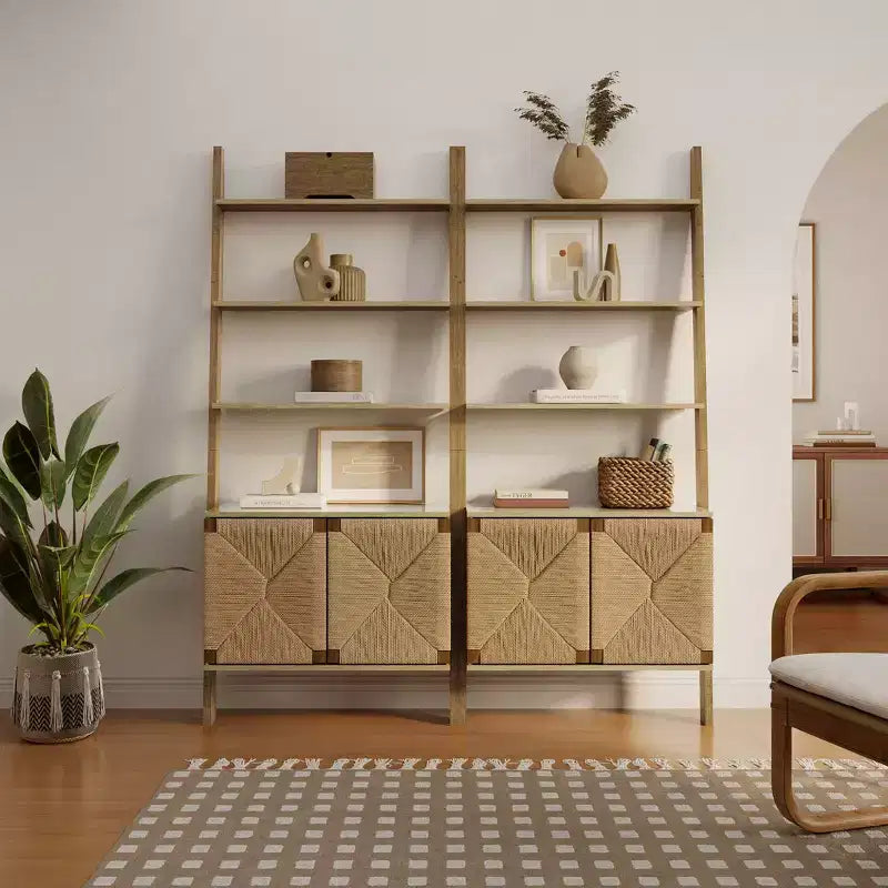 Bibliothèque échelle de 180 cm avec armoire, 4 étagères ouvertes et rangement à 2 portes, marron