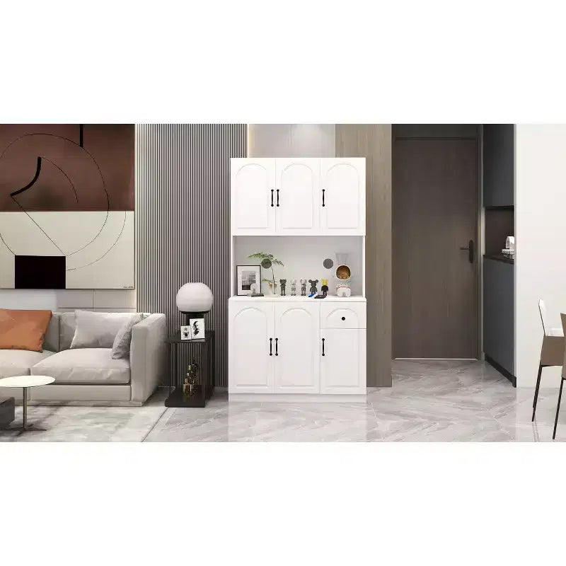 Armoire de cuisine blanche avec comptoir pour micro-ondes, 180 cm.