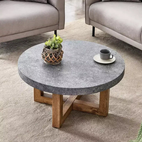 Table basse ronde de 80 cm avec plateau aspect pierre grise et pieds croisés