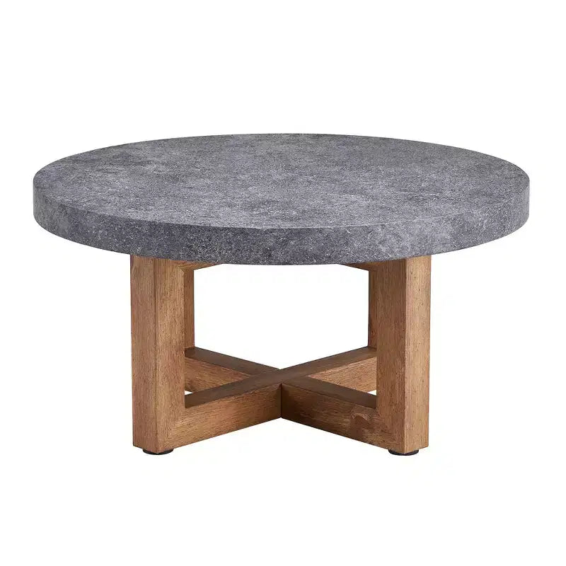 Table basse ronde de 80 cm avec plateau aspect pierre grise et pieds croisés