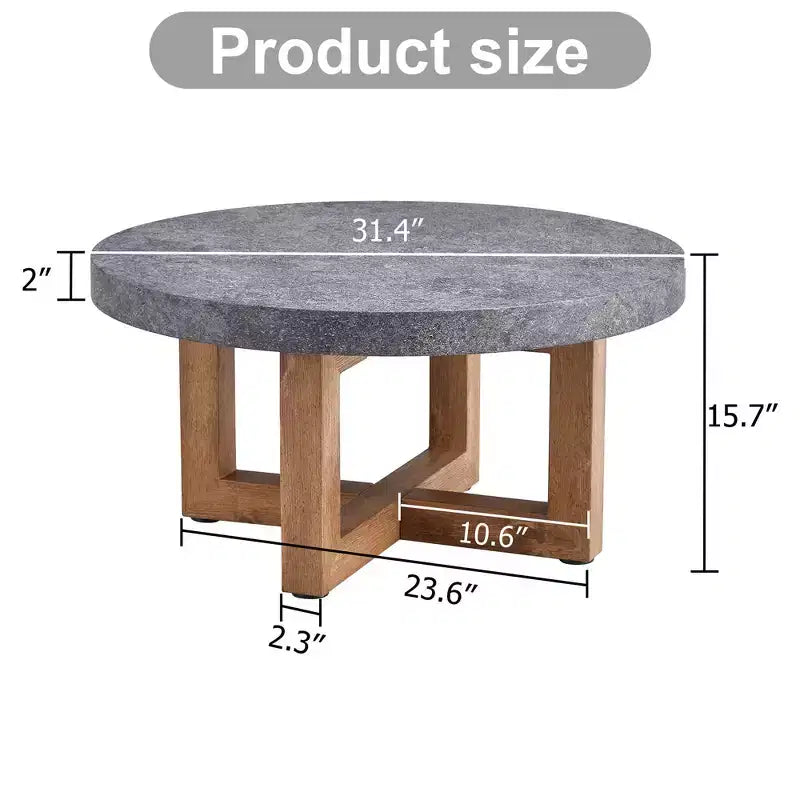Table basse ronde de 80 cm avec plateau aspect pierre grise et pieds croisés