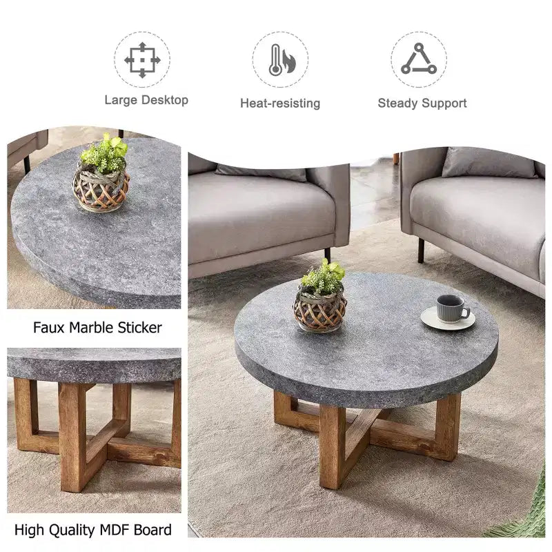 Table basse ronde de 80 cm avec plateau aspect pierre grise et pieds croisés