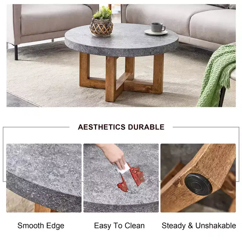 Table basse ronde de 80 cm avec plateau aspect pierre grise et pieds croisés