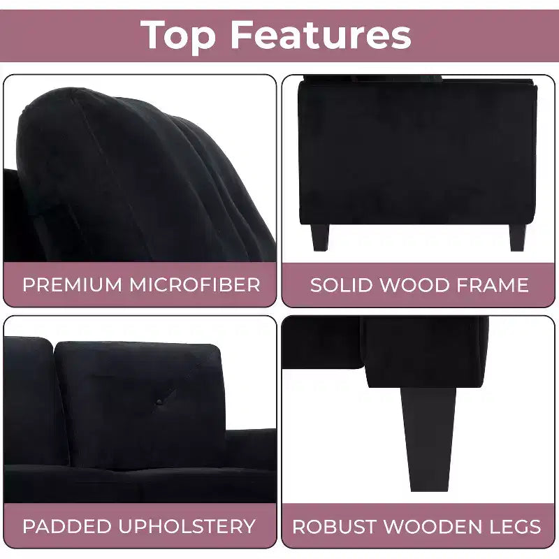 Causeuse en microfibre touffetée noire – Sofa compact pour petits espaces