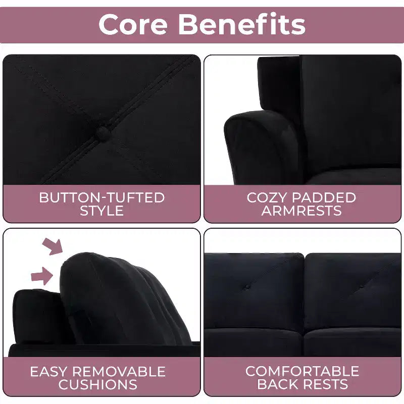 Causeuse en microfibre touffetée noire – Sofa compact pour petits espaces