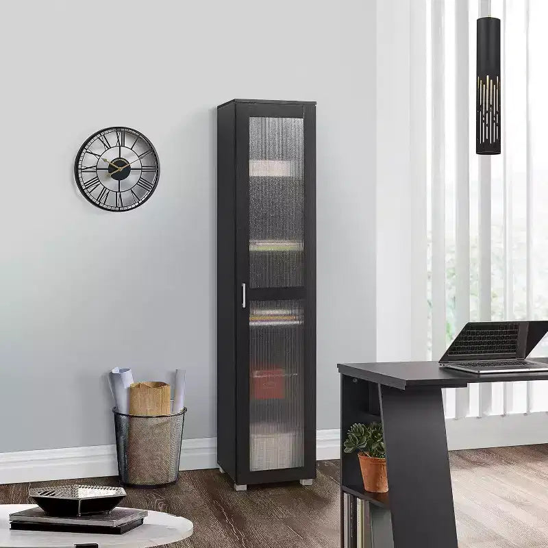 Vitrine haute avec porte vitrée – 5 étagères, bois stratifié