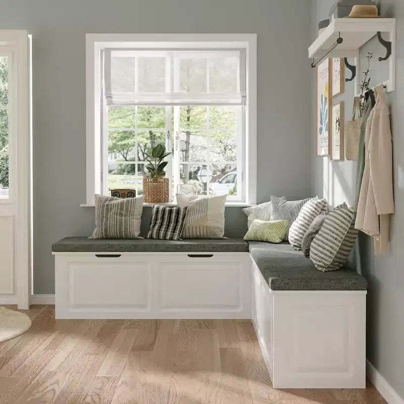 Banc de rangement d'angle en L avec assise rembourrée