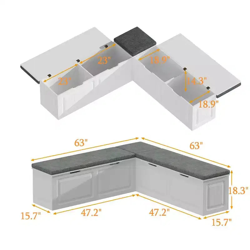 Banc de rangement d'angle en L avec assise rembourrée