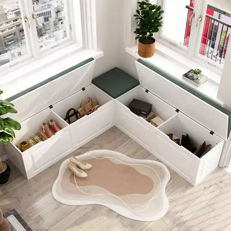 Banc de rangement d'angle en L avec assise rembourrée