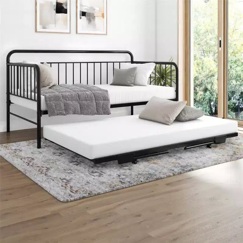 Lit de repos en métal avec lit gigogne escamotable, taille double, noir