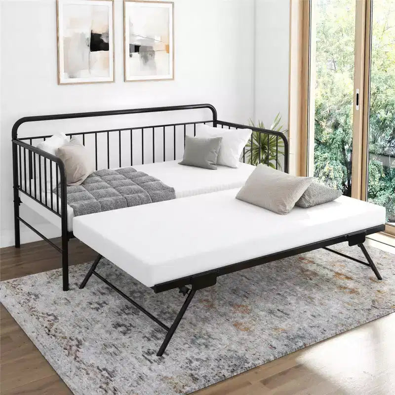 Lit de repos en métal avec lit gigogne escamotable, taille double, noir