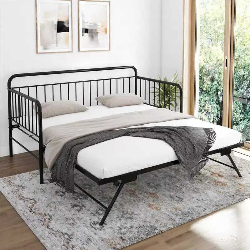Lit de repos en métal avec lit gigogne escamotable, taille double, noir