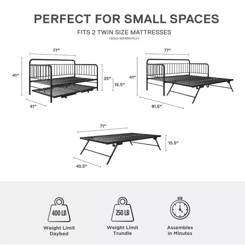 Lit de repos en métal avec lit gigogne escamotable, taille double, noir
