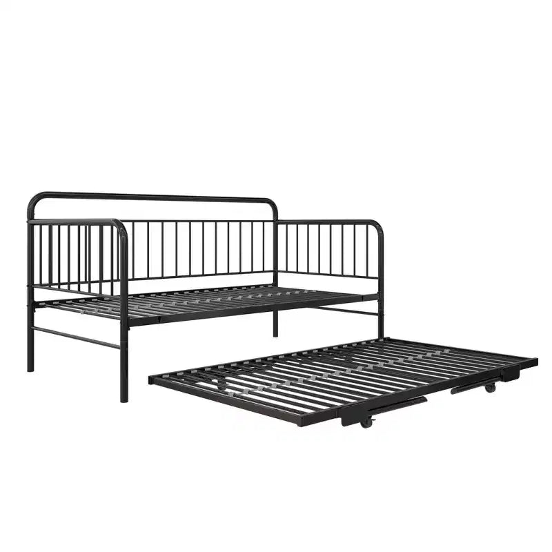 Lit de repos en métal avec lit gigogne escamotable, taille double, noir
