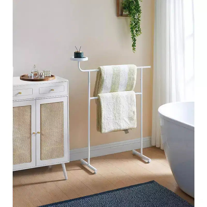 Porte-Costume Autonome avec Porte-Manteau, Plateaux de Rangement et Tiges à Cintres