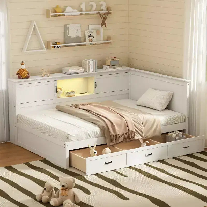 Merax White L-Shaped Daybed Frame with Storage Space and Charging Station