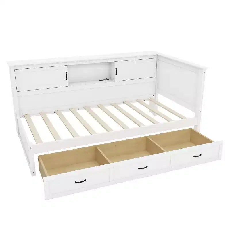 Cadre de lit de repos en L blanc avec tiroirs de rangement et station de recharge