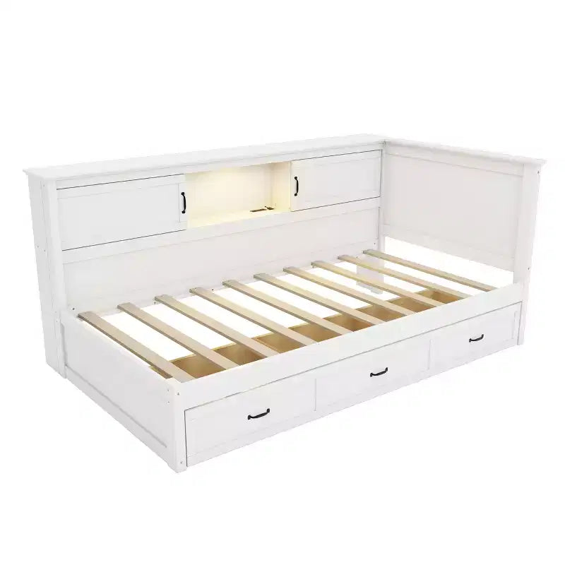 Cadre de lit de repos en L blanc avec tiroirs de rangement et station de recharge