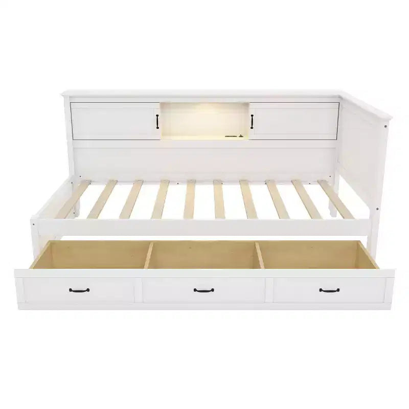 Cadre de lit de repos en L blanc avec tiroirs de rangement et station de recharge