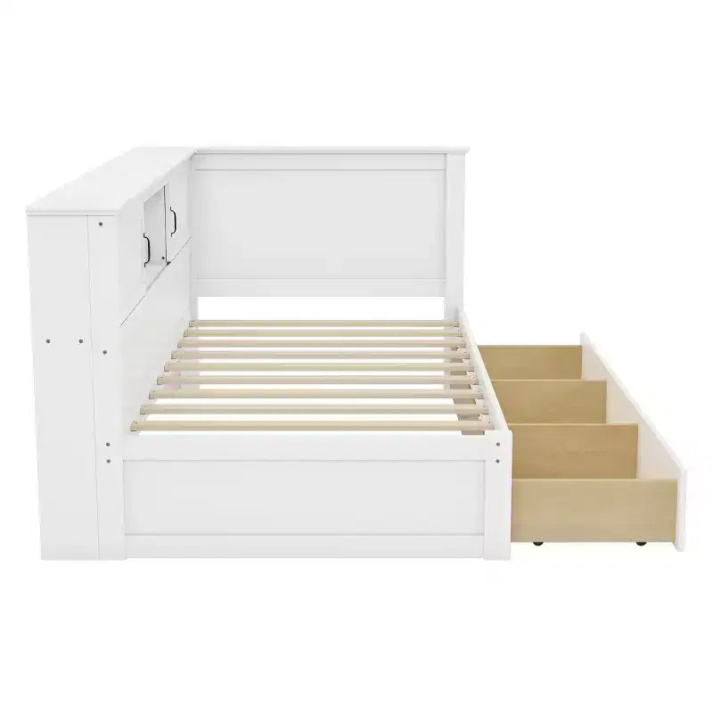 Cadre de lit de repos en L blanc avec tiroirs de rangement et station de recharge