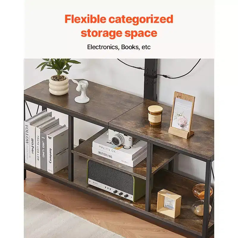 Meuble TV de 45" avec support intégré pour téléviseurs jusqu'à 75 pouces, réglable en hauteur, avec prise de courant, marron
