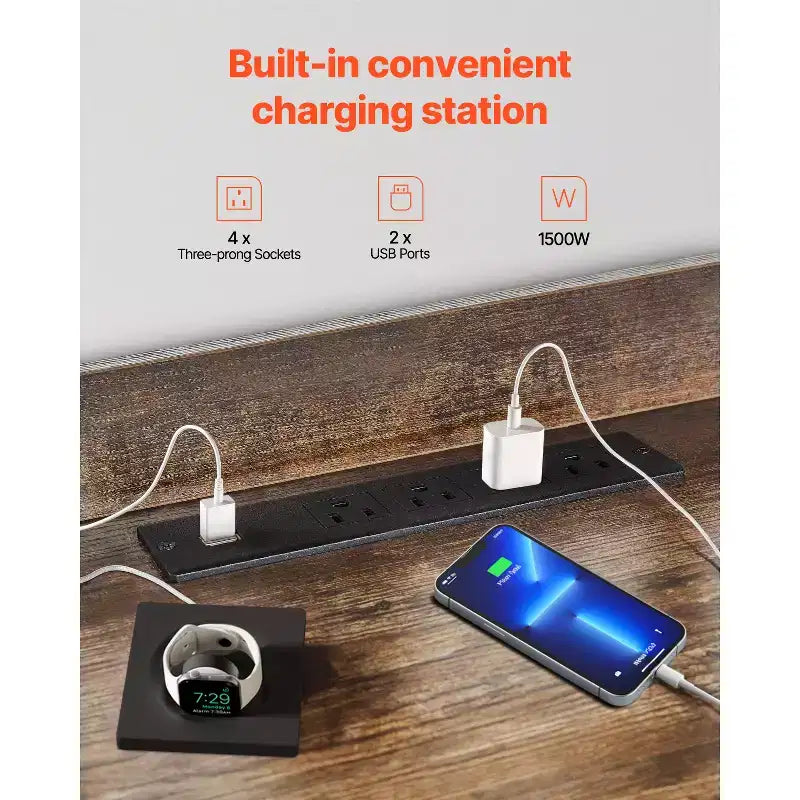 Meuble TV de 45" avec support intégré pour téléviseurs jusqu'à 75 pouces, réglable en hauteur, avec prise de courant, marron