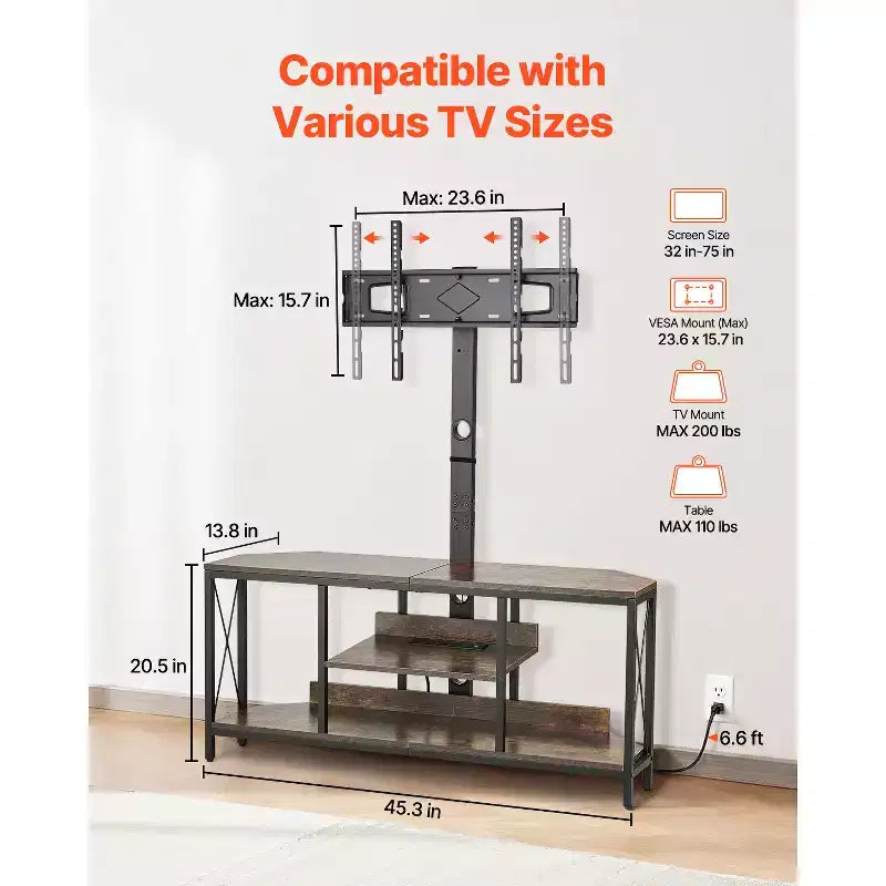 Meuble TV de 45" avec support intégré pour téléviseurs jusqu'à 75 pouces, réglable en hauteur, avec prise de courant, marron