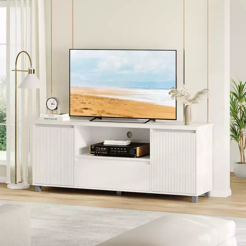 Modern Fluted TV Stand, for 60/65/70 TV, TV Entertainment Center with Drawer, 2 Storage Cabinets and Open Shelf, for Living Room, Bedroom