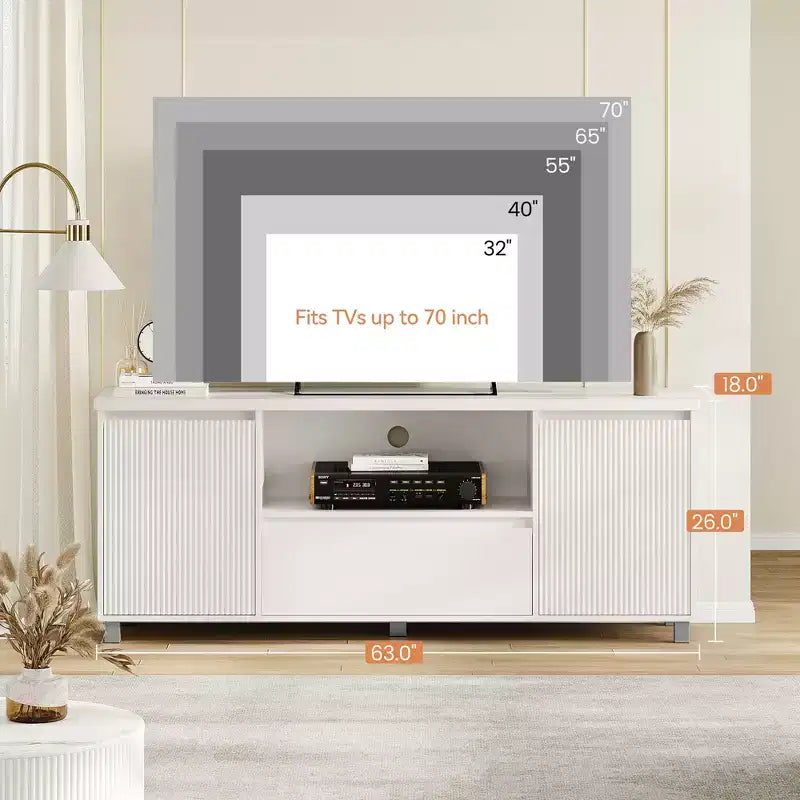 Meuble TV avec tiroir, 2 armoires de rangement et étagère ouverte, convient aux téléviseurs jusqu'à 70 pouces