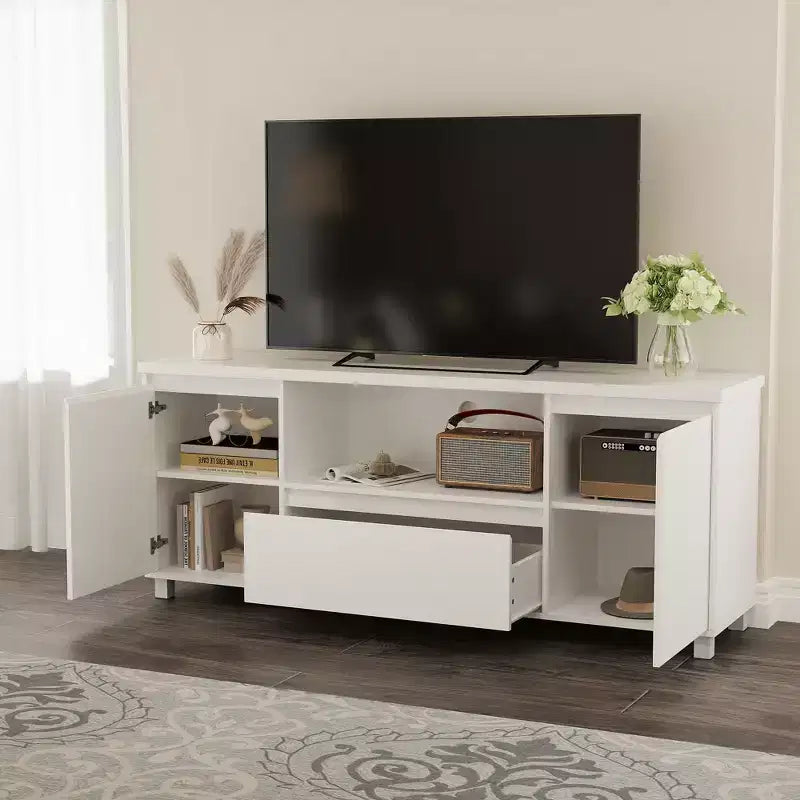 Meuble TV avec tiroir, 2 armoires de rangement et étagère ouverte, convient aux téléviseurs jusqu'à 70 pouces