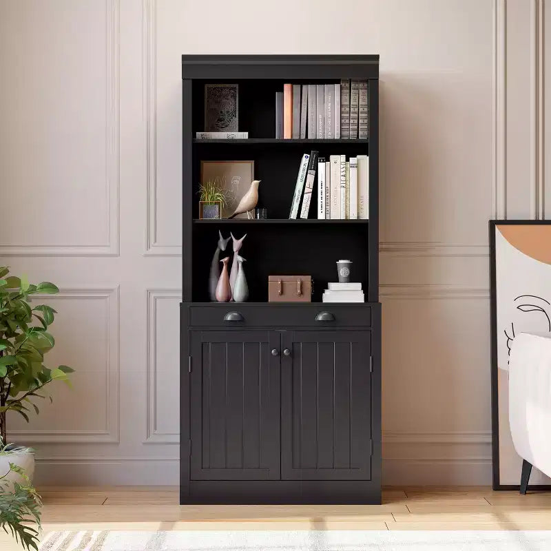 Bibliothèque de 180 cm avec tiroir, portes à persiennes et 5 étagères réglables