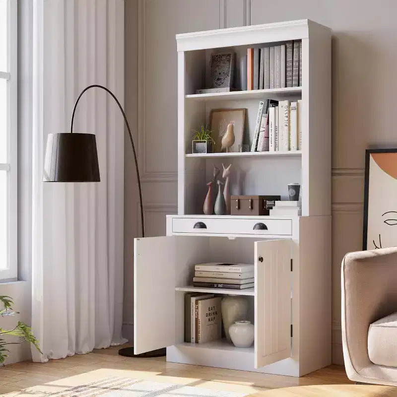 Bibliothèque de 180 cm avec tiroir, portes à persiennes et 5 étagères réglables