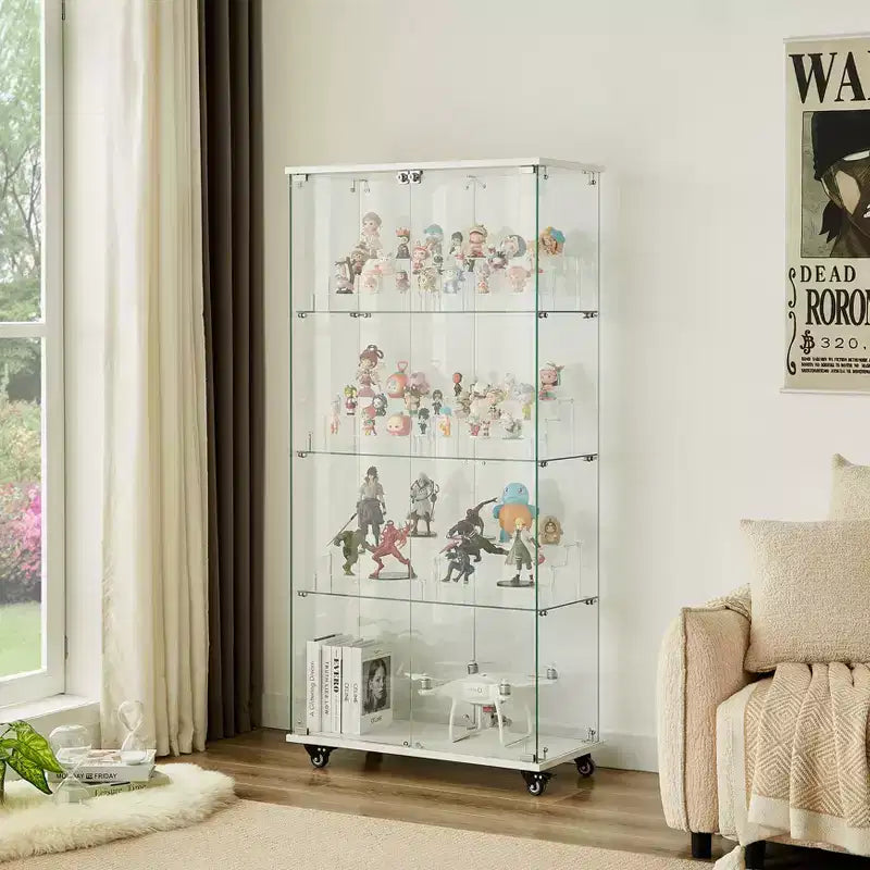 Vitrine d'exposition à 4 niveaux en verre trempé avec serrure et roulettes, meuble de rangement autoportant avec étagères en acrylique