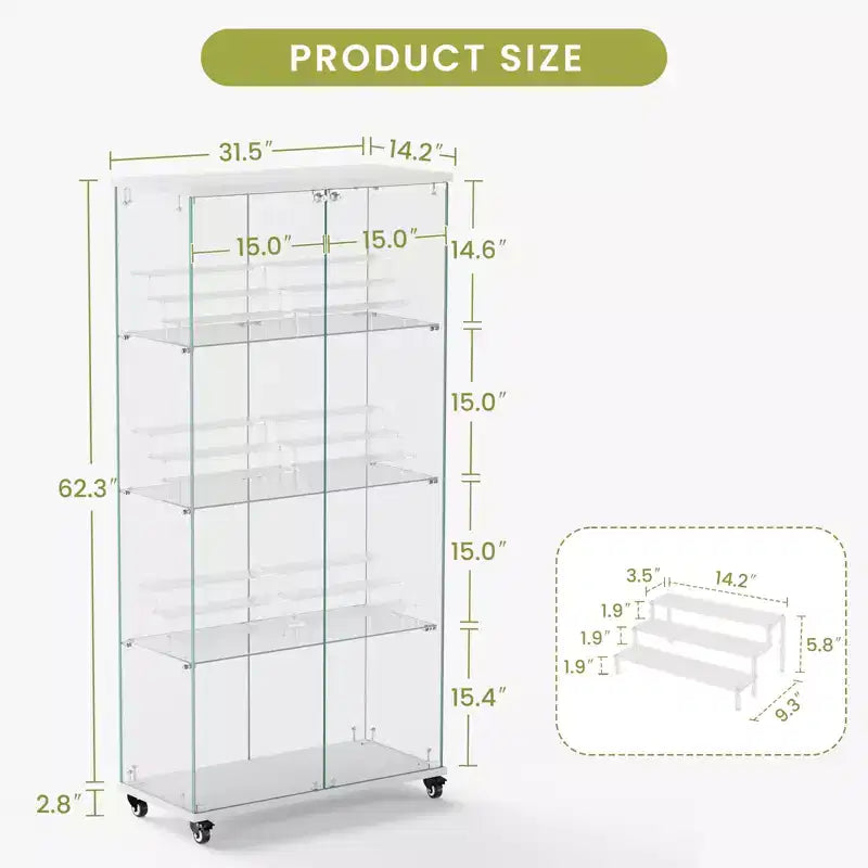 Vitrine d'exposition à 4 niveaux en verre trempé avec serrure et roulettes, meuble de rangement autoportant avec étagères en acrylique
