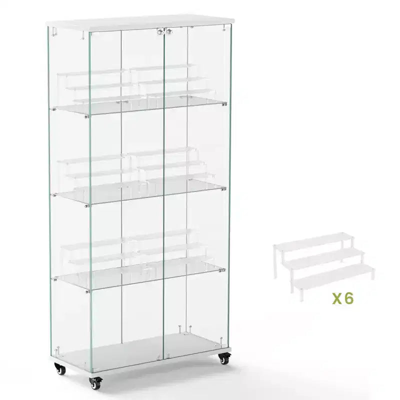 Vitrine d'exposition à 4 niveaux en verre trempé avec serrure et roulettes, meuble de rangement autoportant avec étagères en acrylique