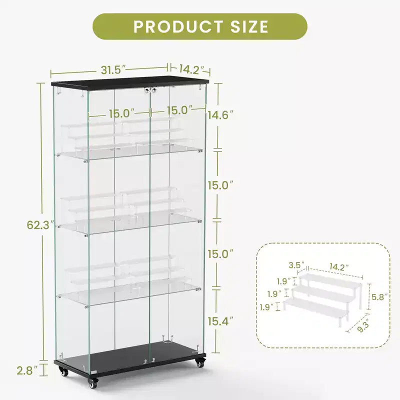Vitrine d'exposition à 4 niveaux en verre trempé avec serrure et roulettes, meuble de rangement autoportant avec étagères en acrylique