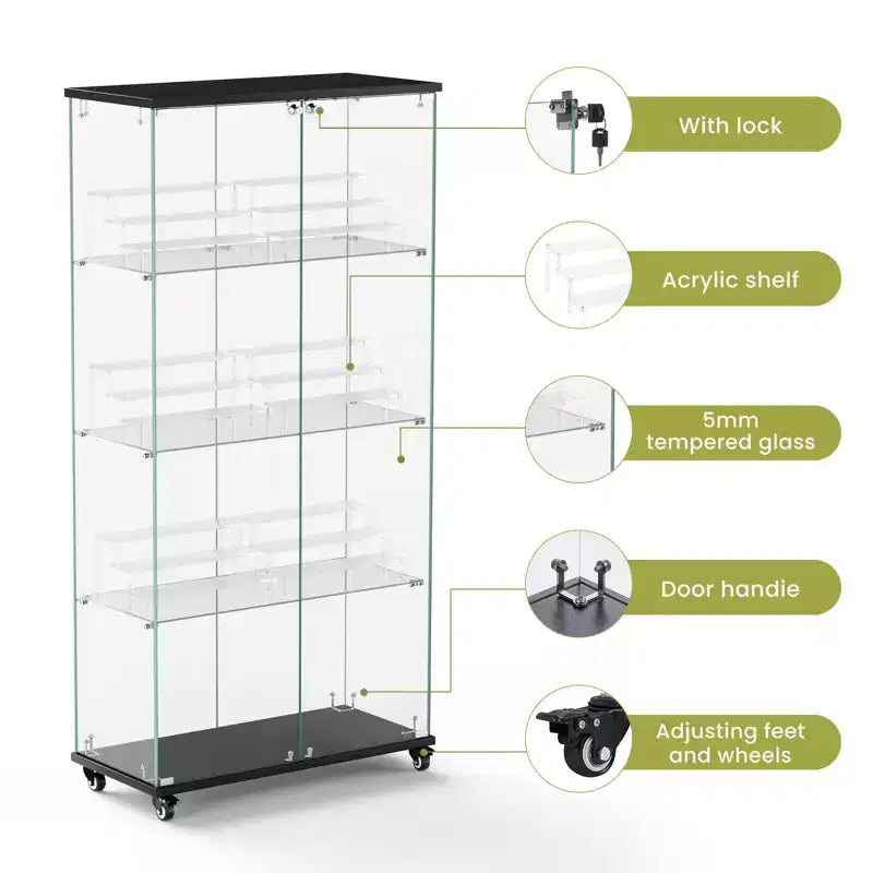 Vitrine d'exposition à 4 niveaux en verre trempé avec serrure et roulettes, meuble de rangement autoportant avec étagères en acrylique