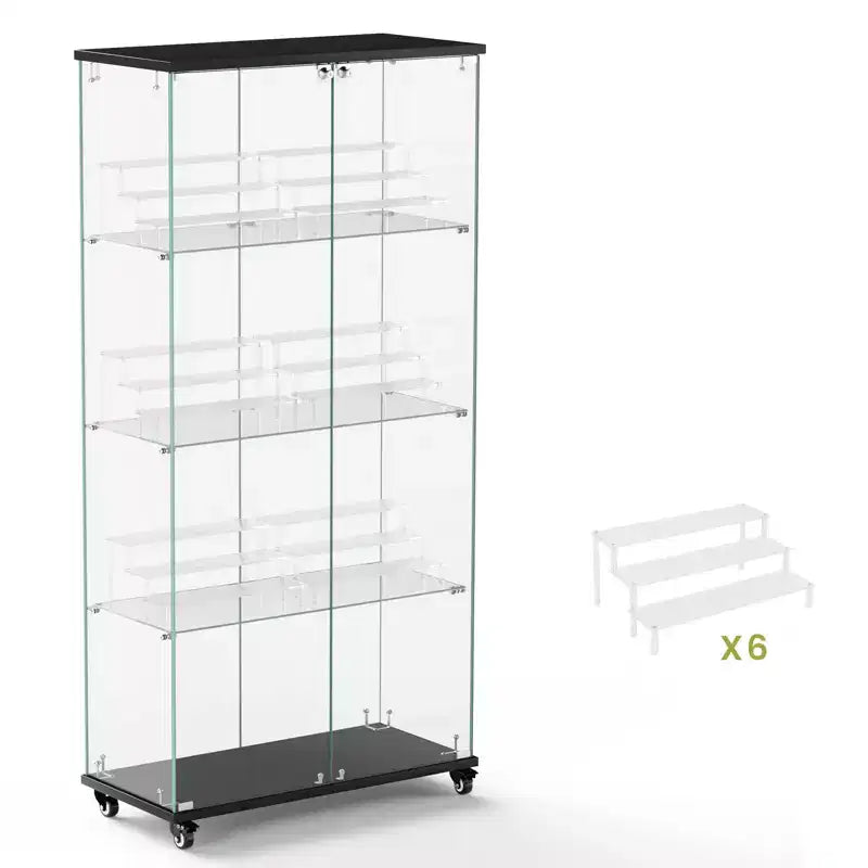 Vitrine d'exposition à 4 niveaux en verre trempé avec serrure et roulettes, meuble de rangement autoportant avec étagères en acrylique