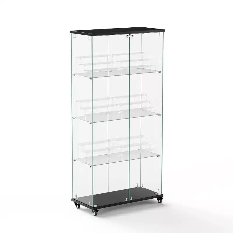 Vitrine d'exposition à 4 niveaux en verre trempé avec serrure et roulettes, meuble de rangement autoportant avec étagères en acrylique