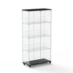 Vitrine d'exposition à 4 niveaux en verre trempé avec serrure et roulettes, meuble de rangement autoportant avec étagères en acrylique