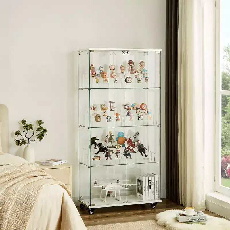 Vitrine d'exposition à 4 niveaux en verre trempé avec serrure et roulettes, meuble de rangement autoportant avec étagères en acrylique