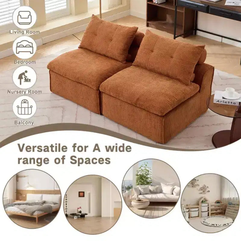 Canapé de salon sans accoudoirs 2 places en chenille avec oreillers cervicaux et lombaires