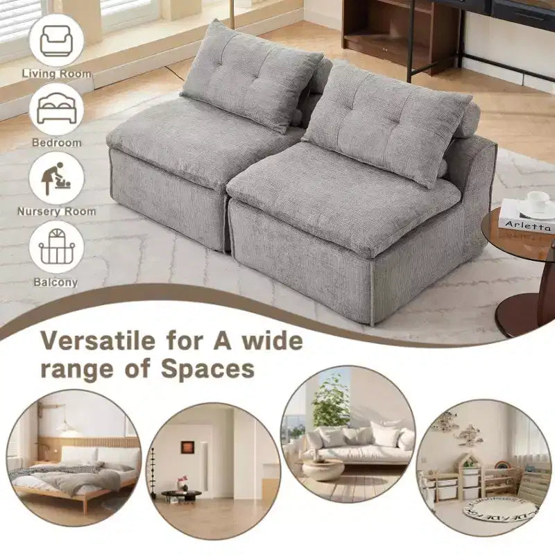 Canapé de salon sans accoudoirs 2 places en chenille avec oreillers cervicaux et lombaires