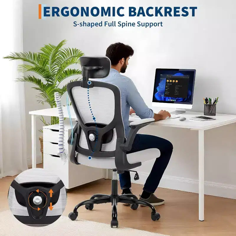 Chaise de bureau ergonomique en maille avec appui-tête et support lombaire réglables