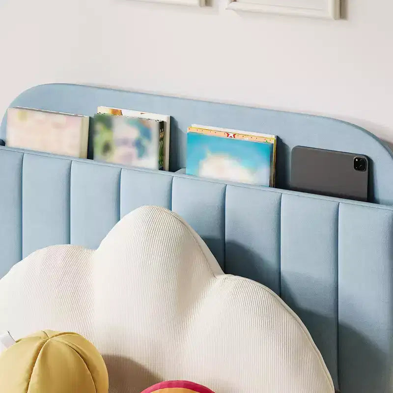 Cadre de lit double avec tête de lit bibliothèque et velours rembourré