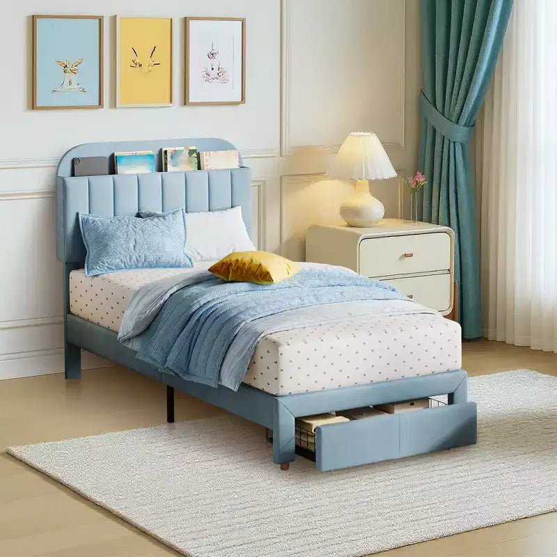 Twin Upholstered Platform Bed Frame with Bookcase Headboard, Velvet Platform Bed Mattress Foundation