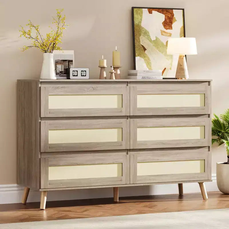 Commode 6 tiroirs en rotin avec large plateau