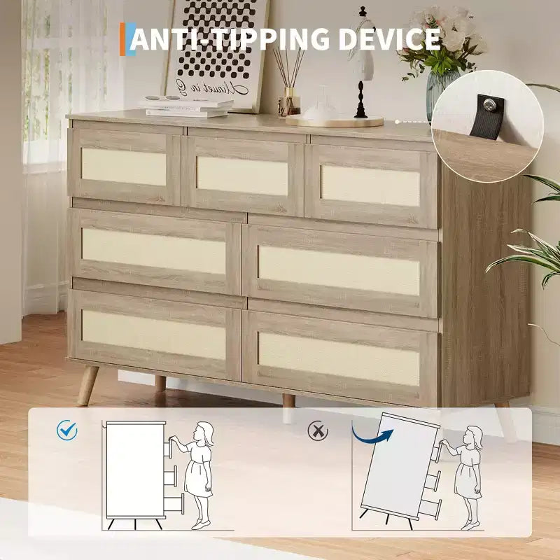 Commode 6 tiroirs en rotin avec large plateau