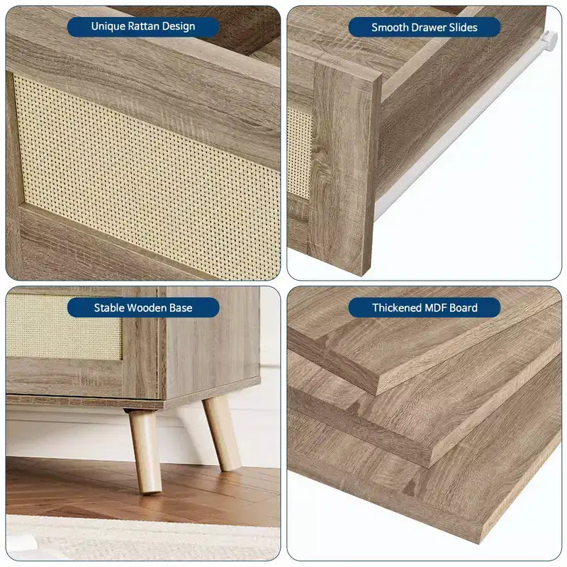 Commode 6 tiroirs en rotin avec large plateau